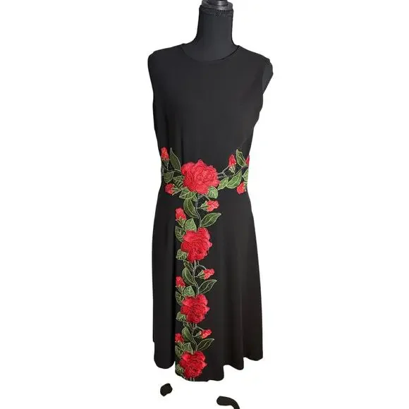 Traffic People Black Sleeveless Dress Red Floral embroidered Midi Fit& Flare M - Picture 2 of 5
